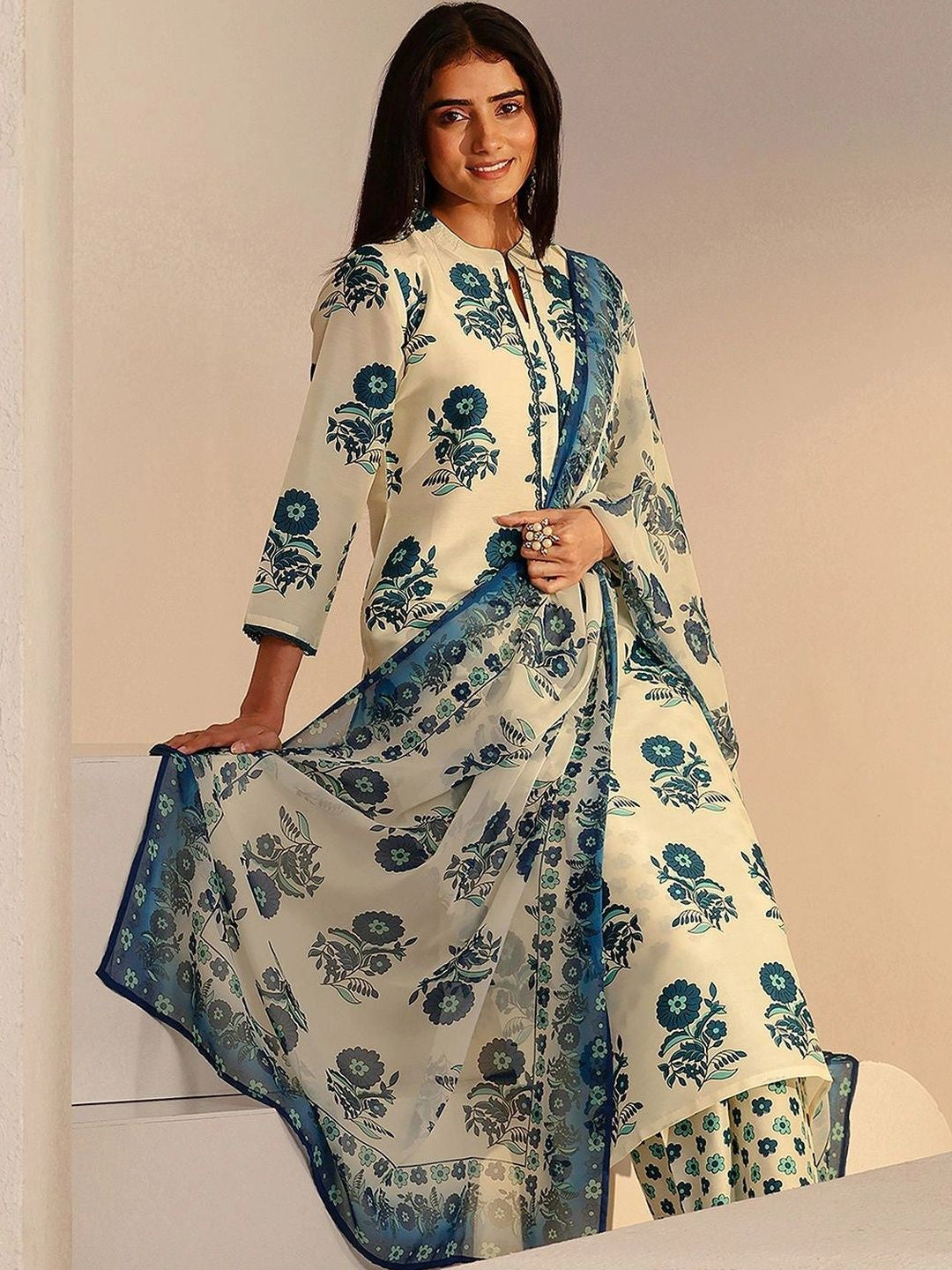 Ivory Floral Printed Straight Cotton Blend Suit Set