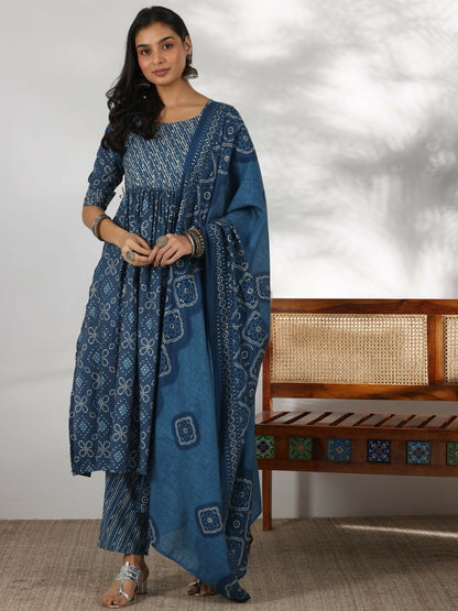 Women's LB Blue Printed Silk Blend A-Line Kurta With Trousers & Dupatta