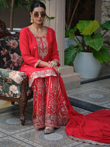 Dhiyona HOP Women Ethnic Motifs Embroidered Straight Kurta & Sharara With Dupatta