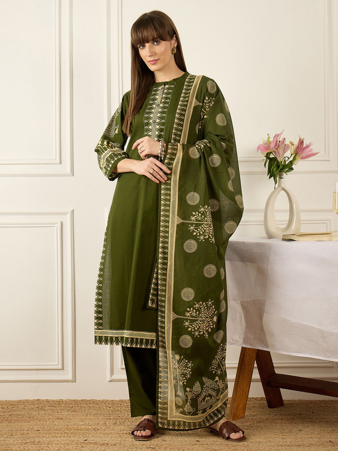 Dhiyona IE Women Ethnic Motifs Printed Regular Pure Cotton Kurta with Trousers & With Dupatta