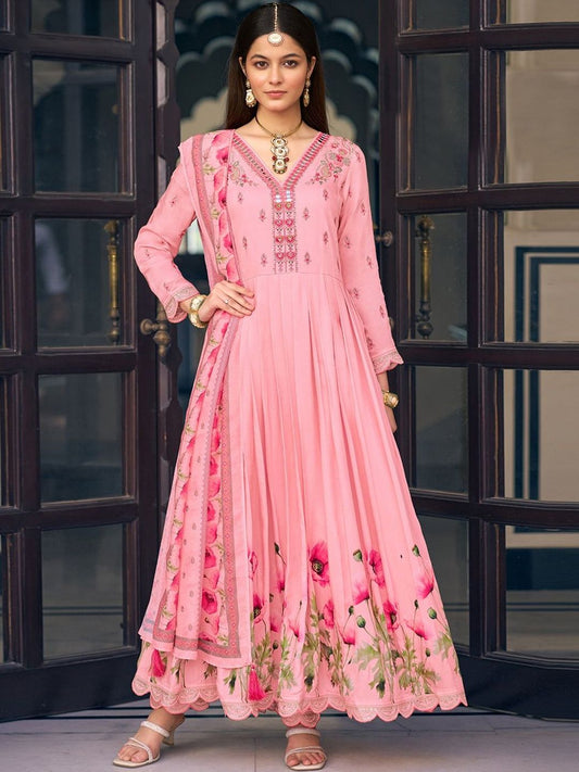 Dhiyona CH Women Floral Embroidered Anarkali Kurta with Trousers & Dupatta