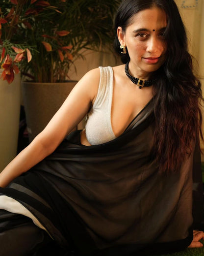 Dhiyona ST Pre-Draped 1-Minute Black Georgette with Cream Satin Saree with Blouse Fabric