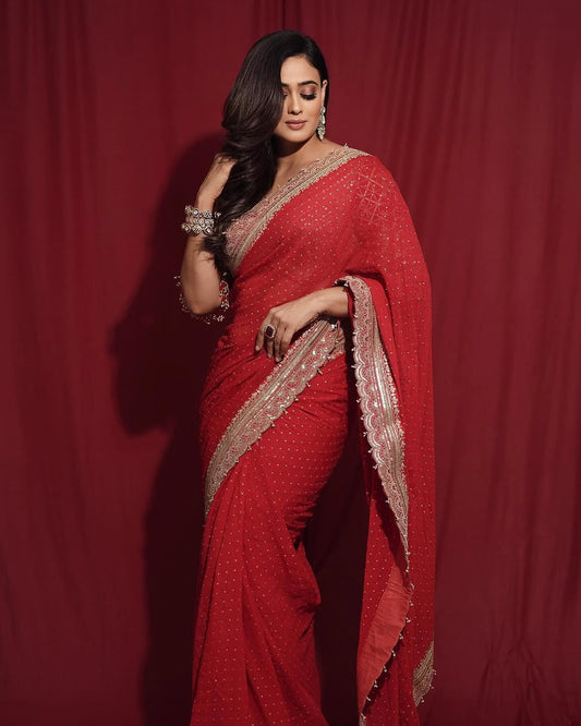 Dhiyona HH Shweta Tiwari Inspired Designer Georgette Saree With Embroidered Blouse Free Size