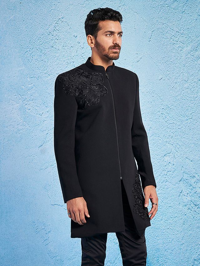Men's Black Imported Suiting Lycra Straight Sherwani Only Top