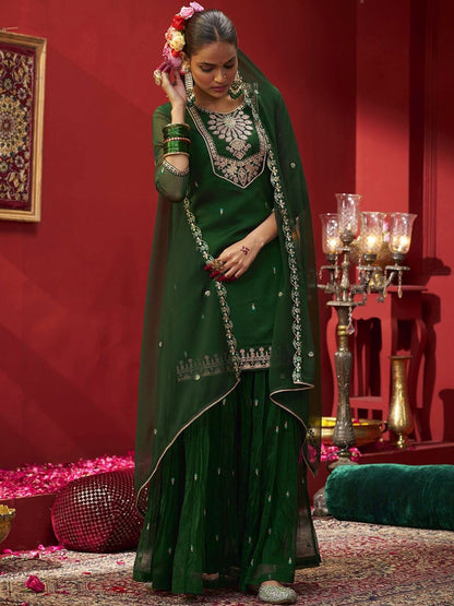 Dhiyona CH Women Ethnic Motifs Embroidered Regular Thread Work Kurta with Sharara & With Dupatta