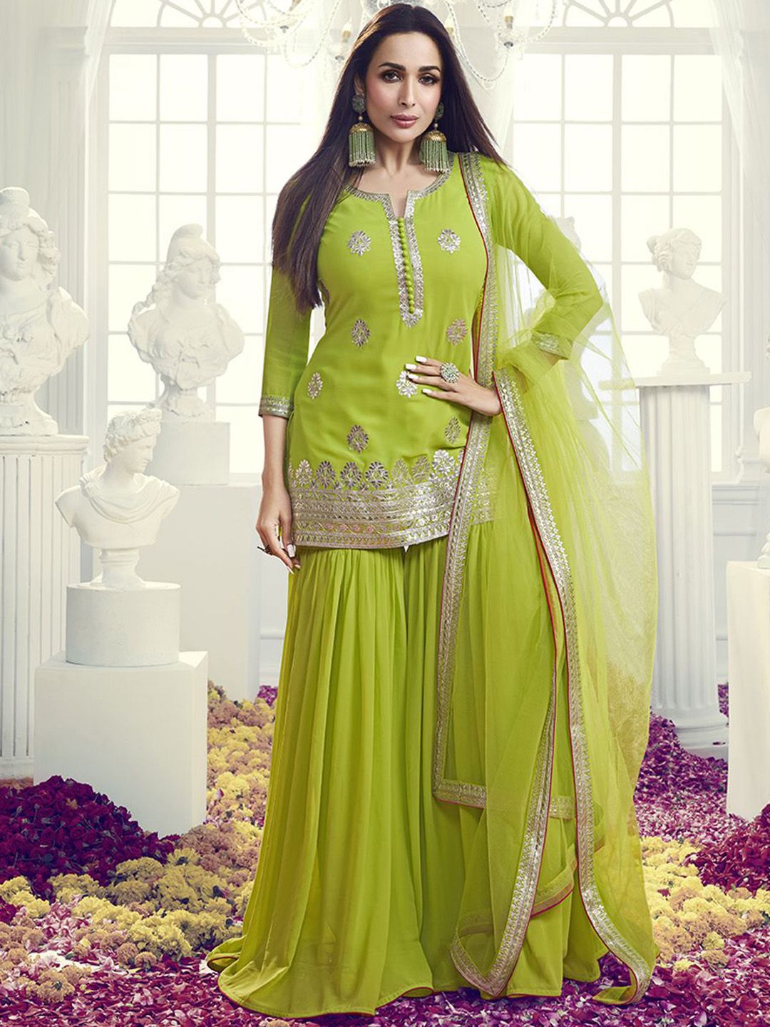 Dhiyona IN Floral Embroidered Notch Neck Georgette Straight Kurta With Sharara & Dupatta