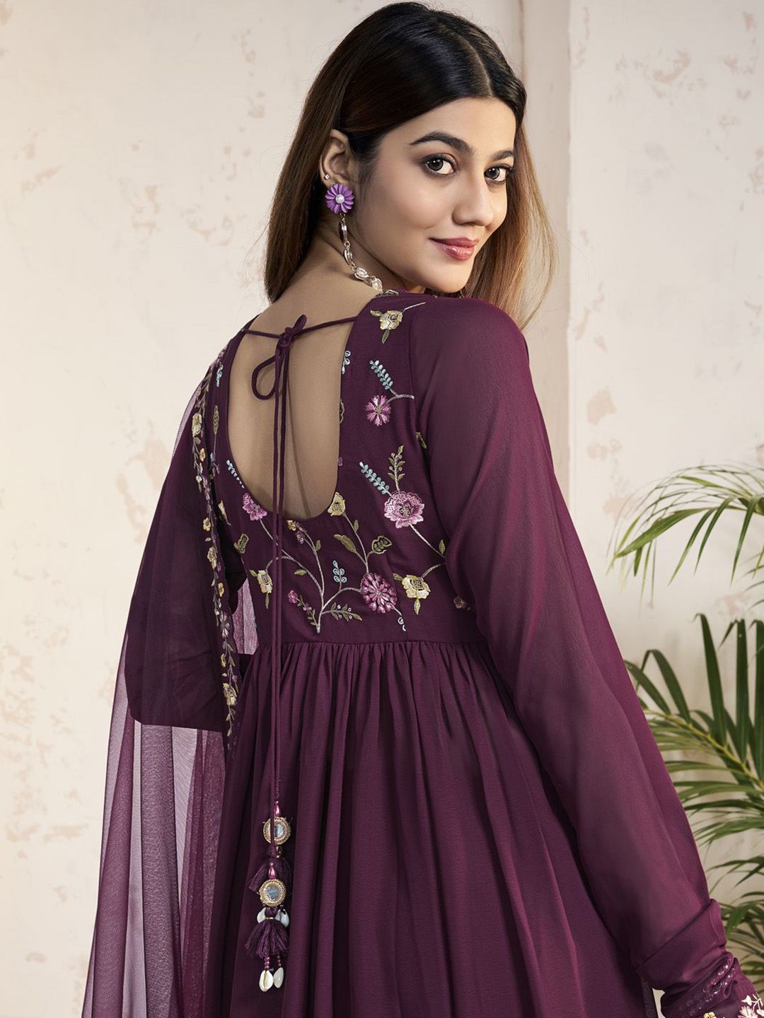 Dhiyona IN Floral Embroidered Thread Work Georgette A-Line Kurta With Palazzos And Dupatta