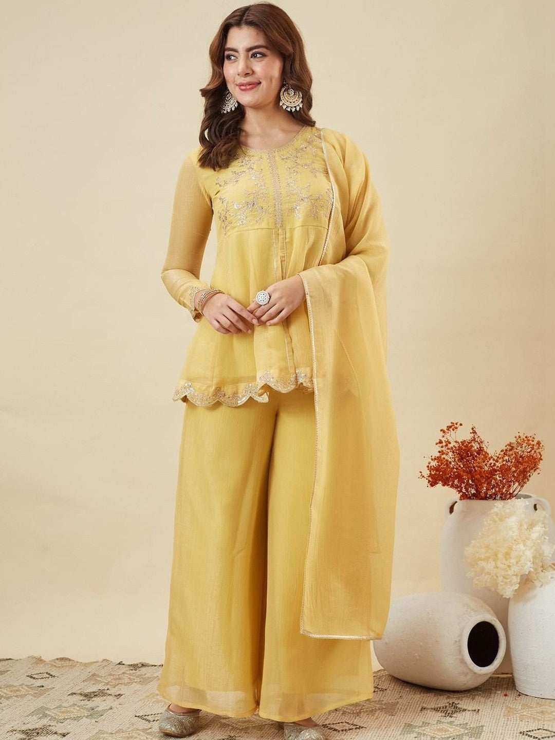 Embroidered Art Silk Round Neck Kurta & Palazzos With Dupatta