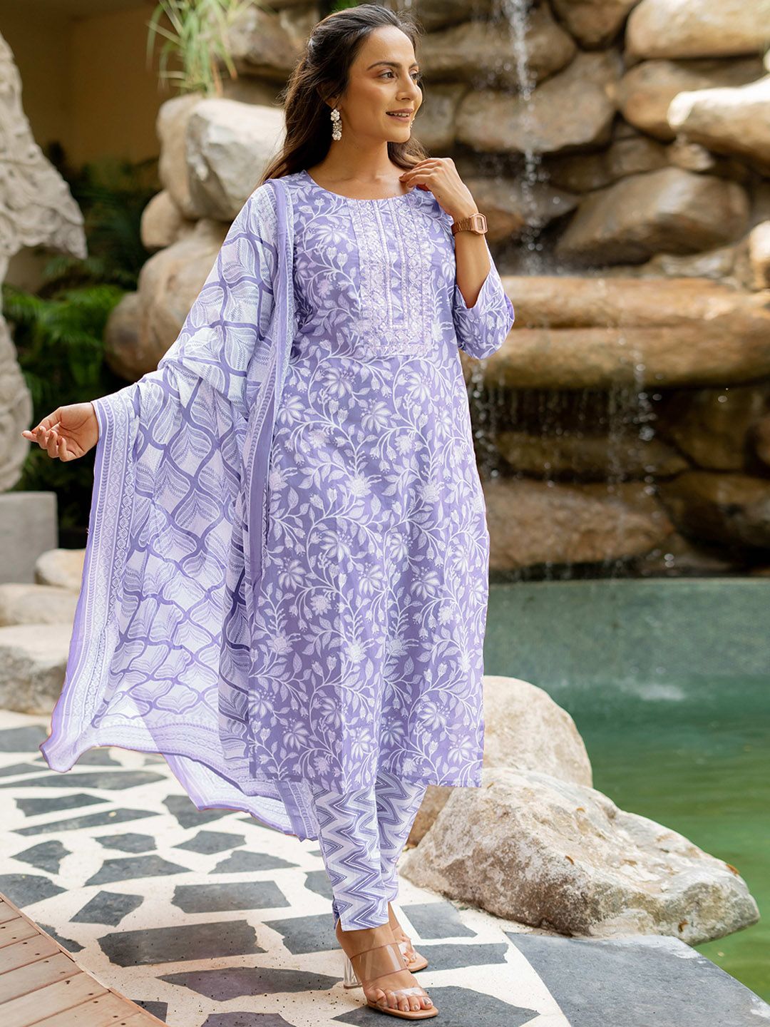 Dhiyona KL Floral Printed Sequinned Pure Cotton Kurta with Trousers & Dupatta