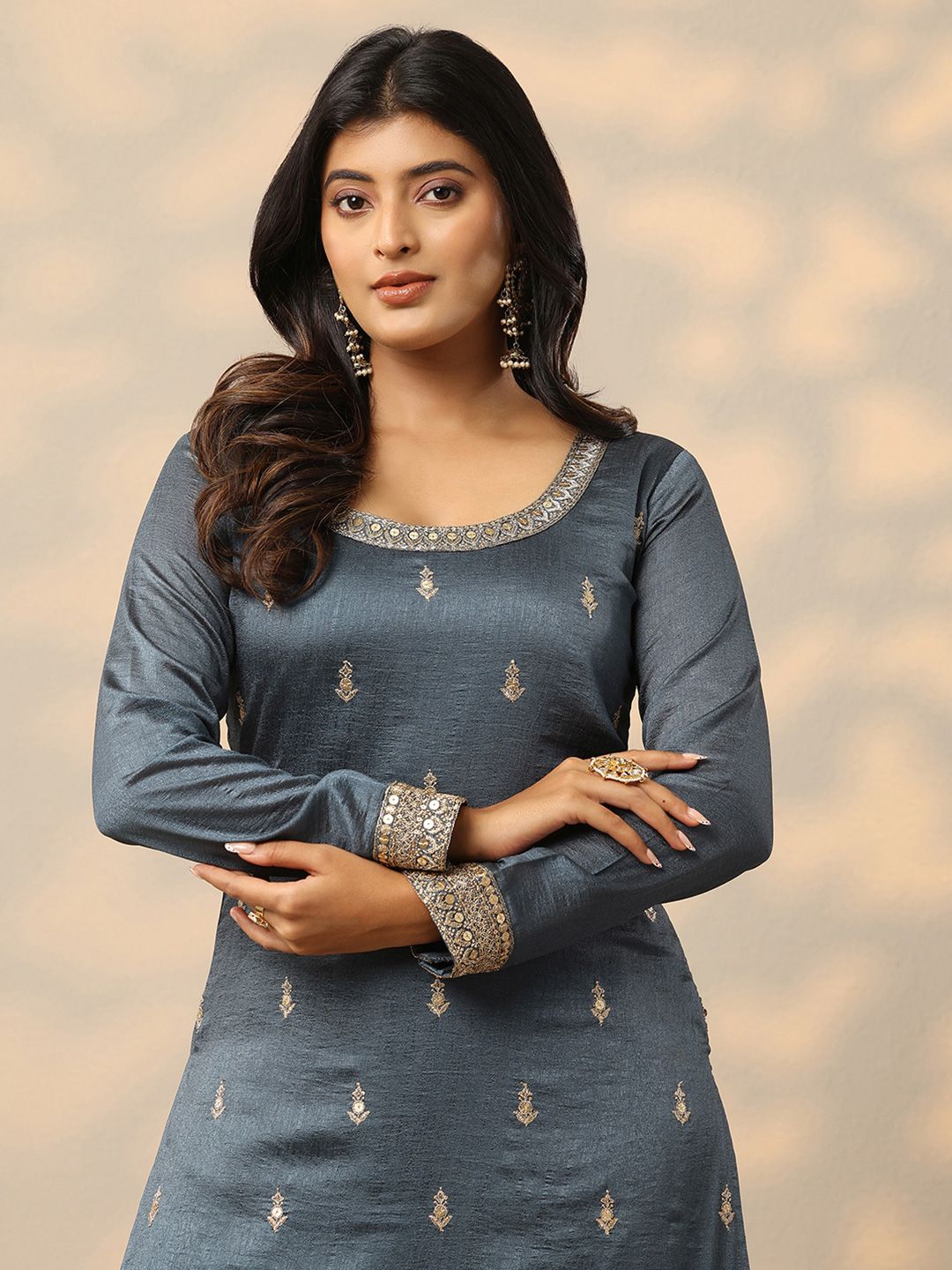 Dhiyona LL Floral Embroidered Zari Kurta with Palazzos & With Dupatta