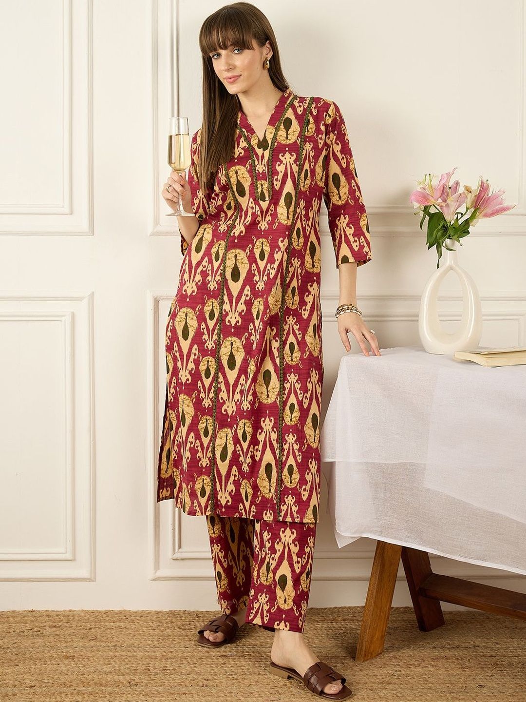 Dhiyona IE Floral Printed Thread Work Pure Cotton Kurta With Palazzos