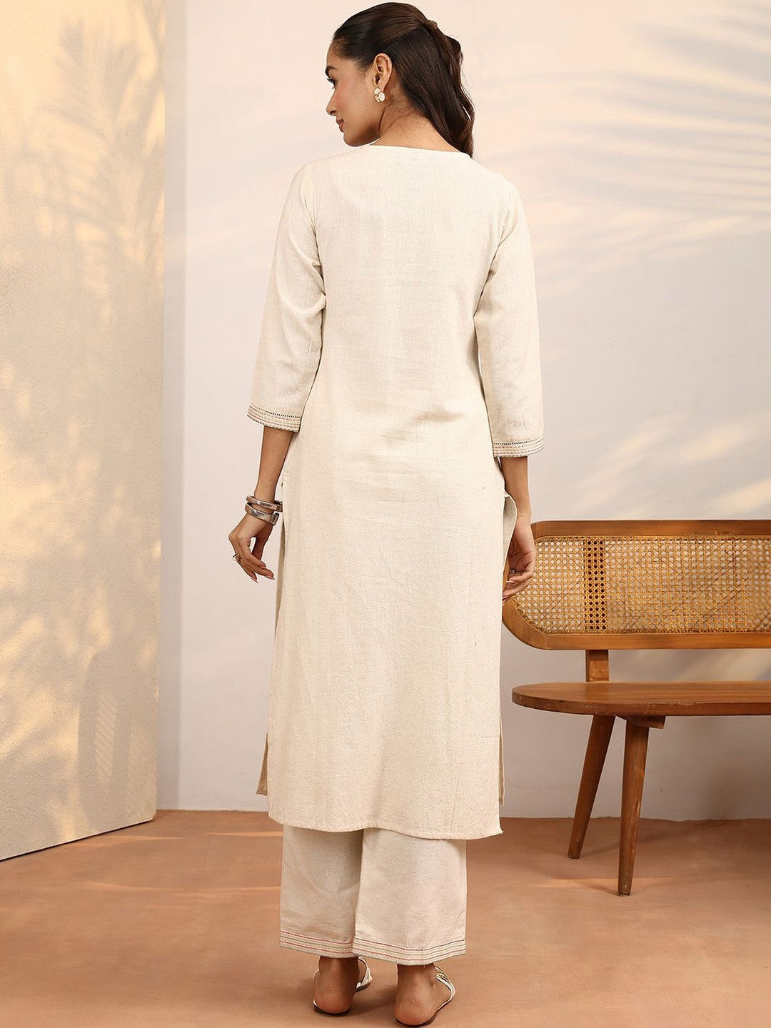 Off White Floral Embroidered Straight Kurta Set