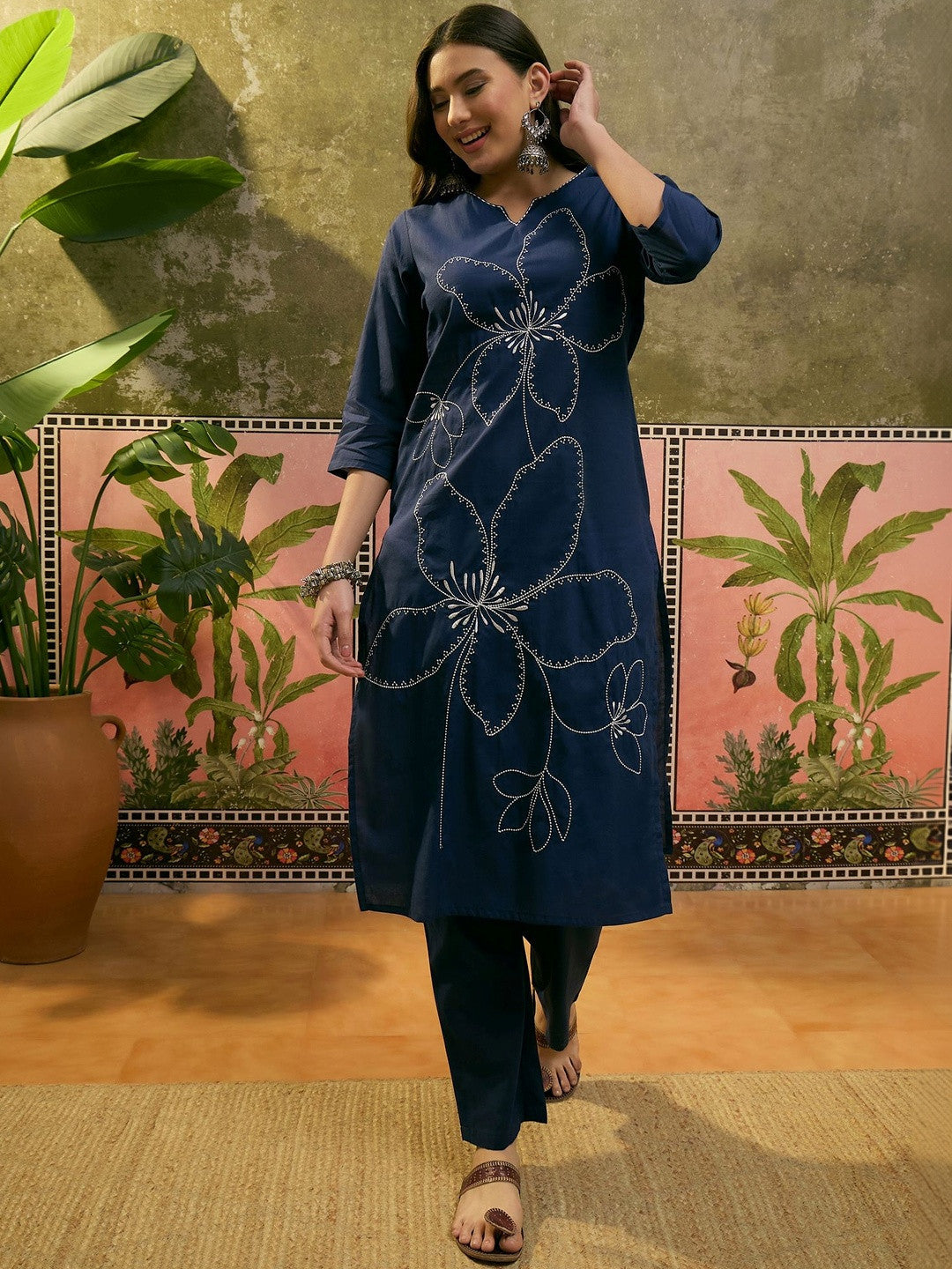 Floral Embroidered Pure Cotton Straight Kurta & Trousers With Dupatta