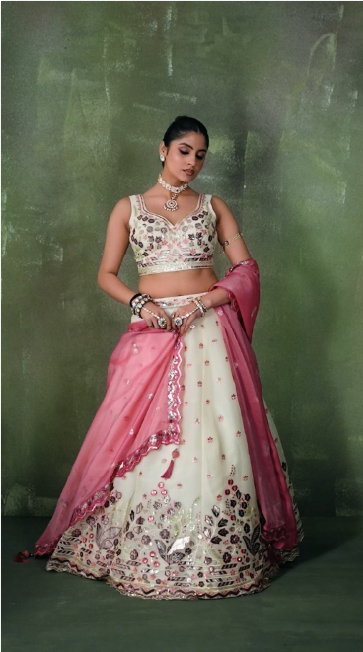 Cream-Organza Fabric Sequins Thread & Embroidery Semi-Stitched Lehenga & Unstitched Blouse With Dupatta