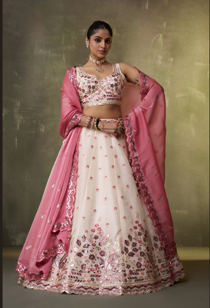 Cream-Organza Fabric Sequins Thread & Embroidery Semi-Stitched Lehenga & Unstitched Blouse With Dupatta