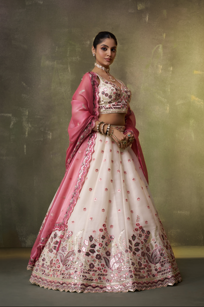 Cream-Organza Fabric Sequins Thread & Embroidery Semi-Stitched Lehenga & Unstitched Blouse With Dupatta