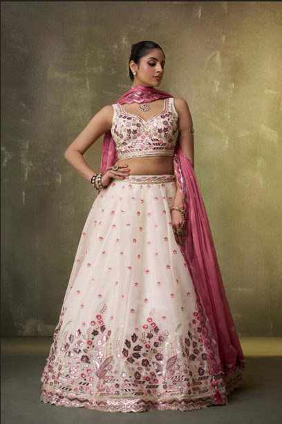 Cream-Organza Fabric Sequins Thread & Embroidery Semi-Stitched Lehenga & Unstitched Blouse With Dupatta