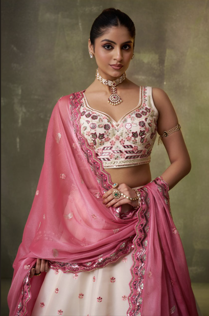 Cream-Organza Fabric Sequins Thread & Embroidery Semi-Stitched Lehenga & Unstitched Blouse With Dupatta