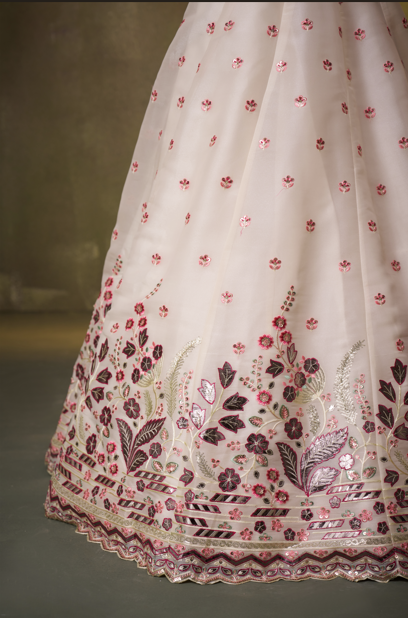Cream-Organza Fabric Sequins Thread & Embroidery Semi-Stitched Lehenga & Unstitched Blouse With Dupatta