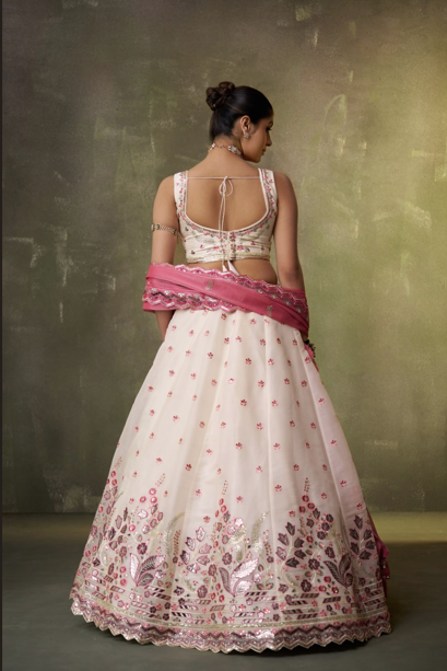 Cream-Organza Fabric Sequins Thread & Embroidery Semi-Stitched Lehenga & Unstitched Blouse With Dupatta