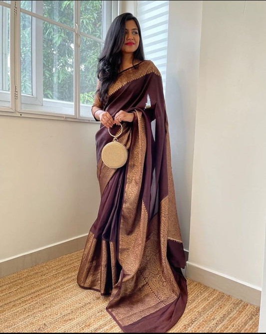 Dhiyona HH Garnet Brown Banarasi Woven Soft Saree with Antique Zari Border & Pallu