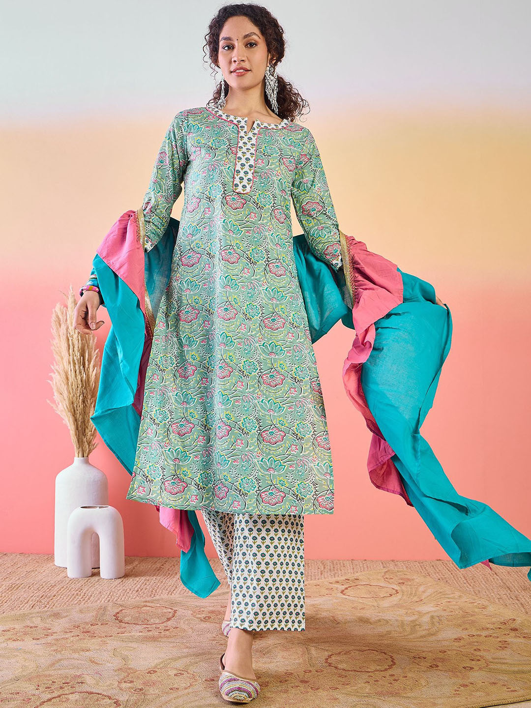 Floral Printed Notch Neck Pure cotton Kurta With Palazzos And Dupatta