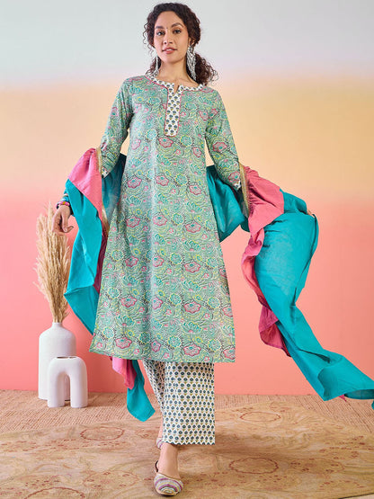Floral Printed Notch Neck Pure cotton Kurta With Palazzos And Dupatta