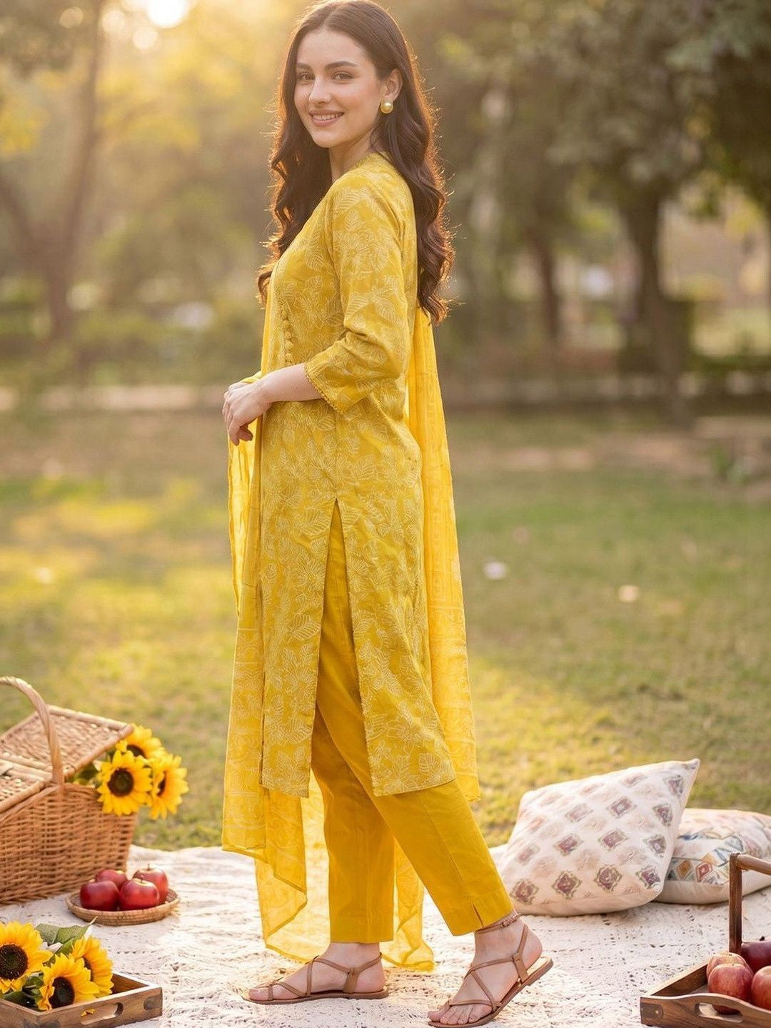 Women Floral Printed Angrakha Pure Cotton Kurta with Trousers & With Dupatta