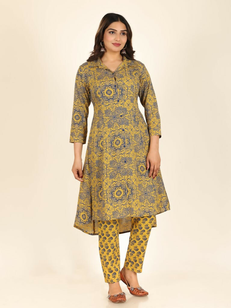 Women's Yellow Rayon Geometric Print High Low Kurta Pant Set for Women