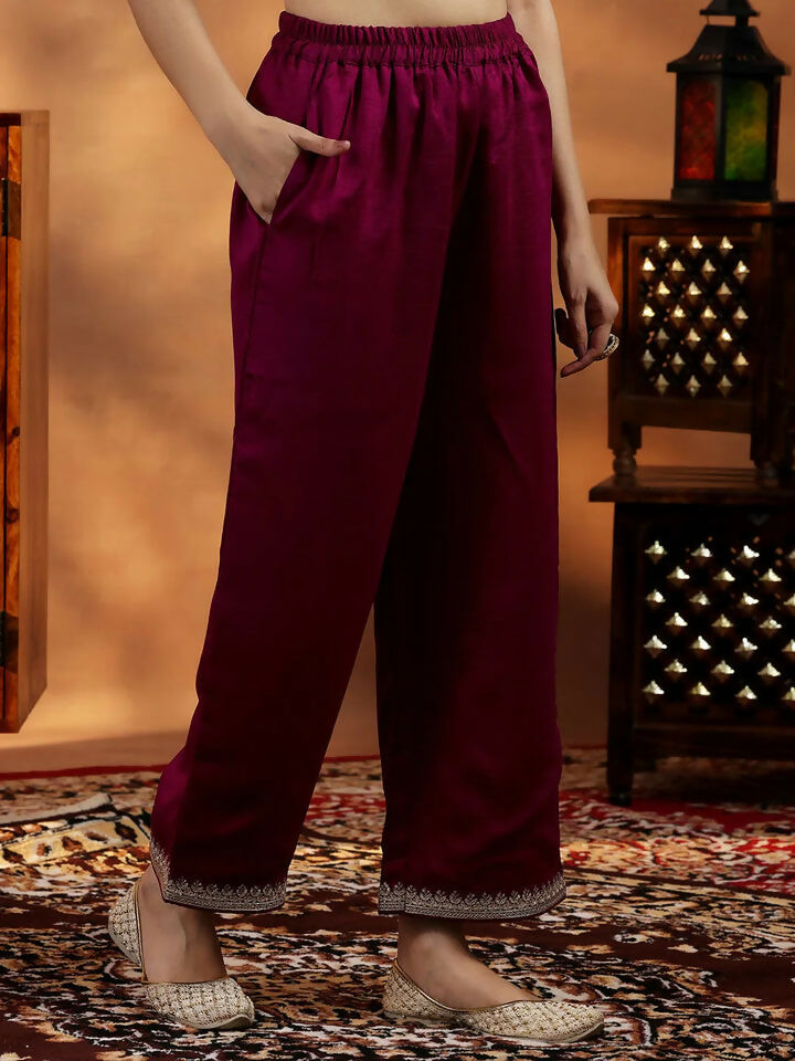 Women's LB Maroon Embroidered Silk Blend Straight Suit With Dupatta