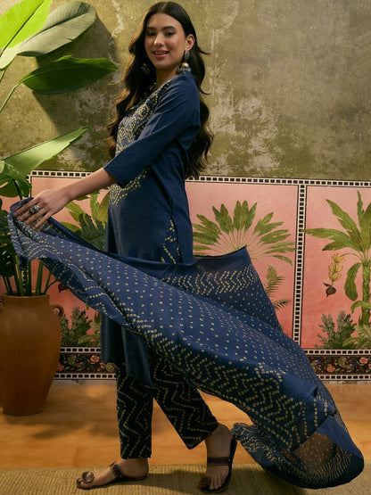 Printed Pure Cotton Round Neck Kurta & Trousers With Dupatta