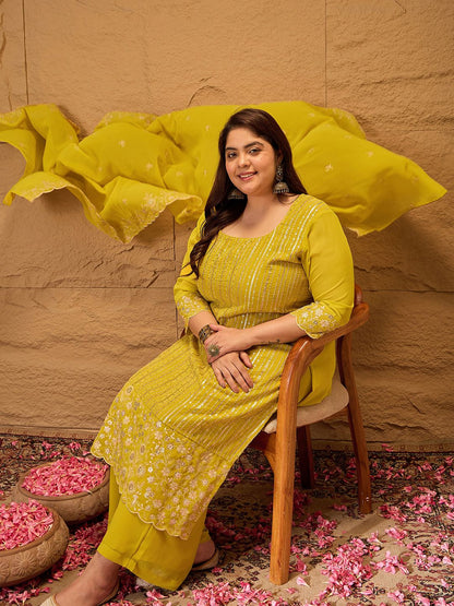 Dhiyona IN Ethnic Motifs Embroidered Georgette Kurta with Palazzos & Dupatta