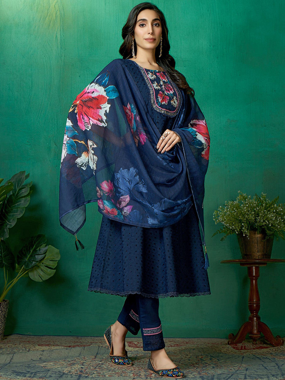 Embroidered Pure Cotton Round Neck Kurta Trouser & Dupatta