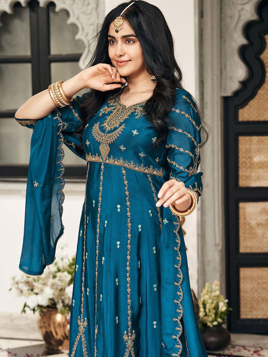 Dhiyona CH Floral Embroidered Pleated Sequinned A-Line Kurta With Trousers & Dupatta