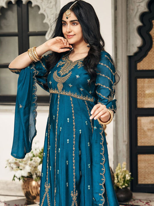 Dhiyona CH Floral Embroidered Pleated Sequinned A-Line Kurta With Trousers & Dupatta