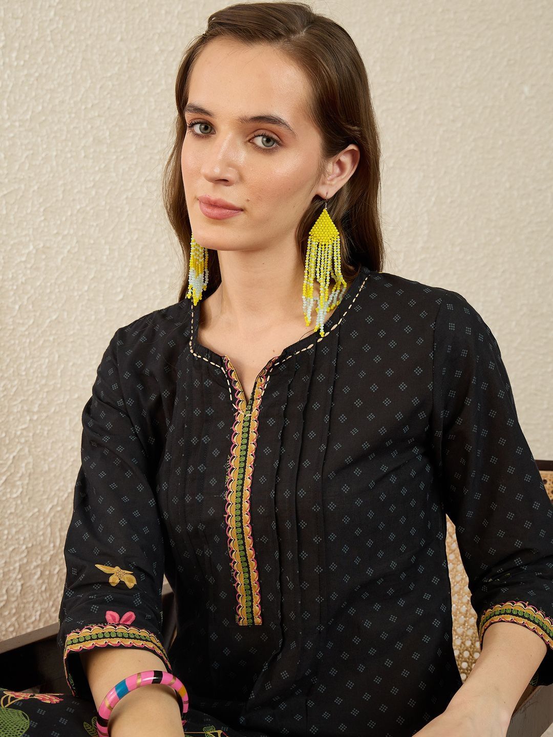 Dhiyona IE Printed Round Neck Three-Quarter Sleeves Pure Cotton Tunic And Trousers