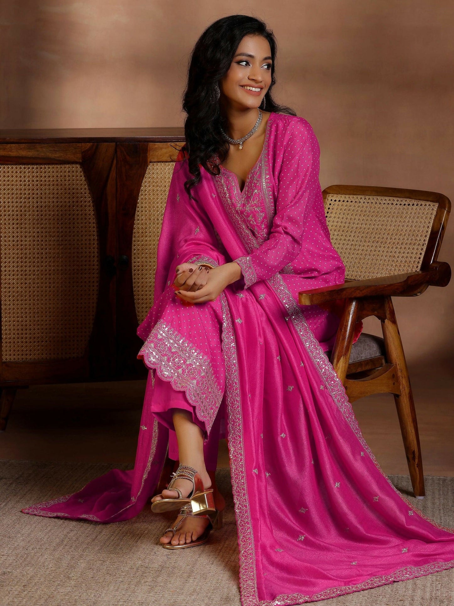 Women's LB Pink Printed Silk Blend Straight Suit With Dupatta