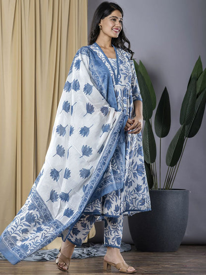 Dhiyona KL Floral Printed V-Neck Pure Cotton Anarkali Kurta With Trousers & Dupatta