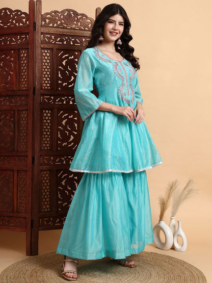Dhiyona HOP Women Hand Embroidered Zradosi Kalidar Anarkali Kurti & Sharaha