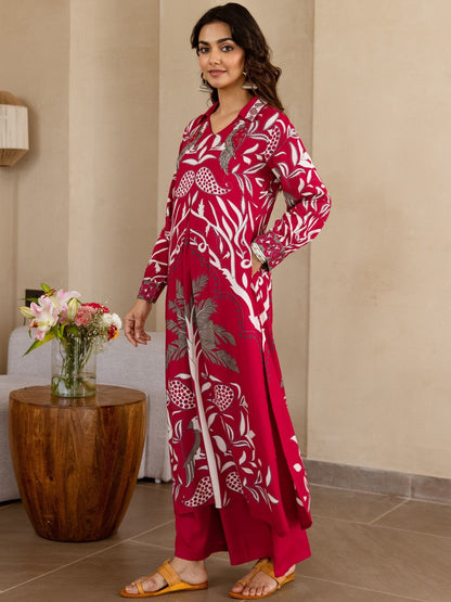 Women Rani Pink Printed German Rayon Kurta & Palazzo Set
