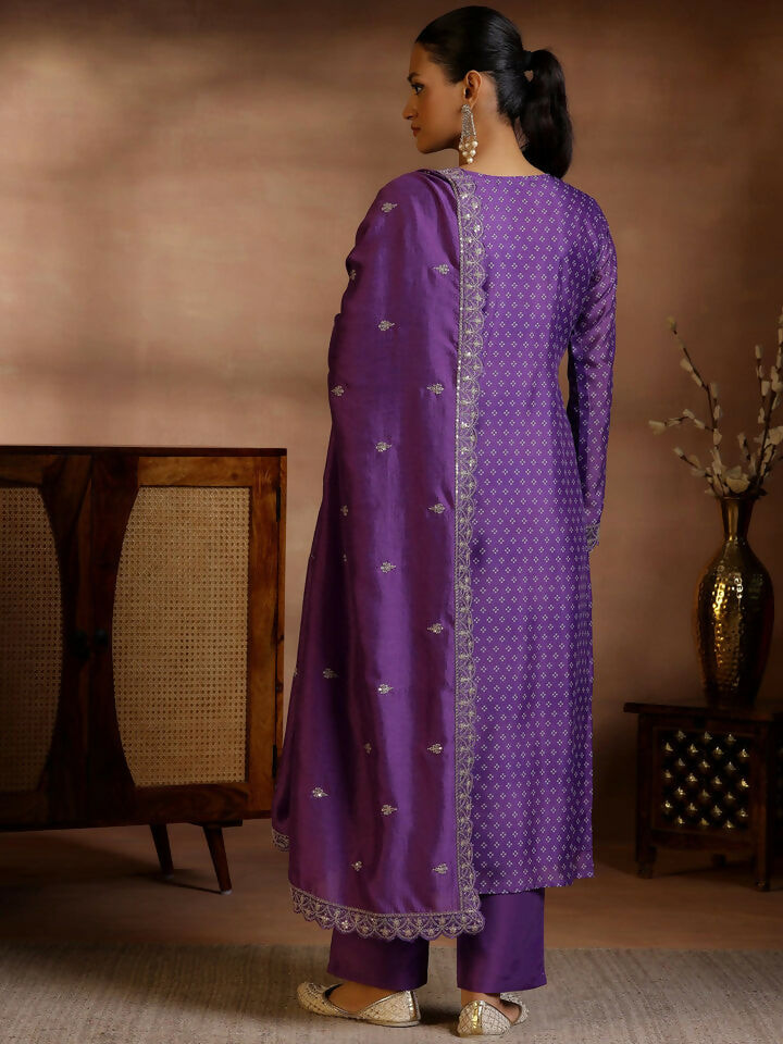 Women's LB Purple Printed Silk Blend Straight Suit With Dupatta