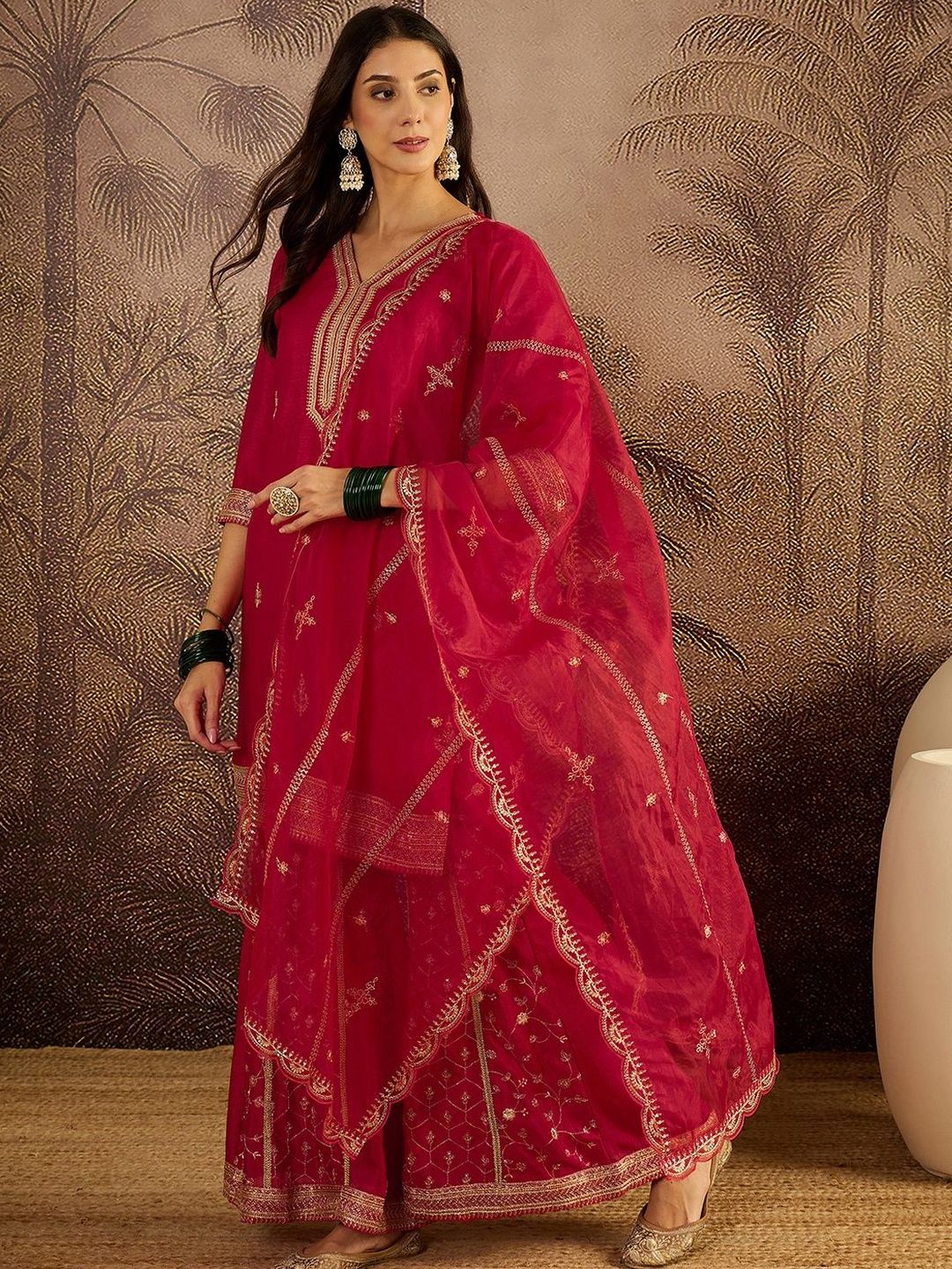 Dhiyona SN Ethnic Motifs Embroidered Sequinned Straight Kurta with Sharara & Dupatta