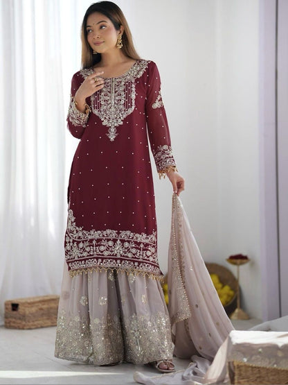 Dhiyona KL Women Ethnic Motifs Embroidered Regular Sequinned Kurta with Sharara & With Dupatta
