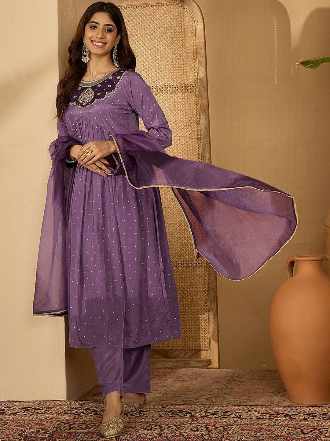 Women Ethnic Motifs Embroidered Panelled Zari Kurta with Trousers & Dupatta