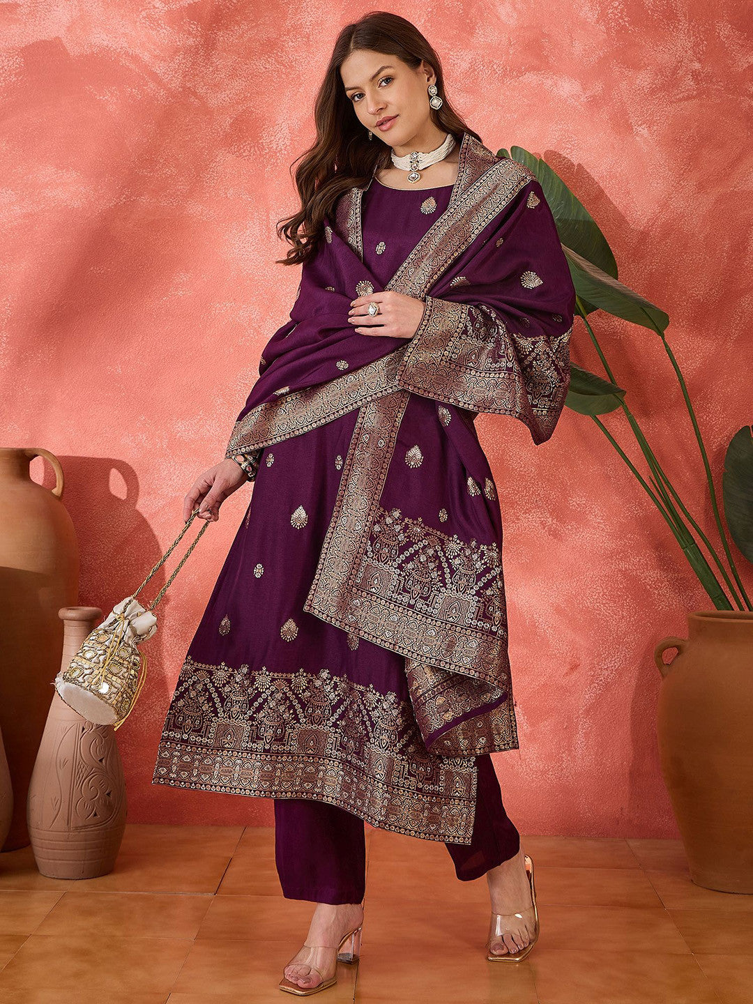 Women Woven Design Zari Kurta Set With Dupatta