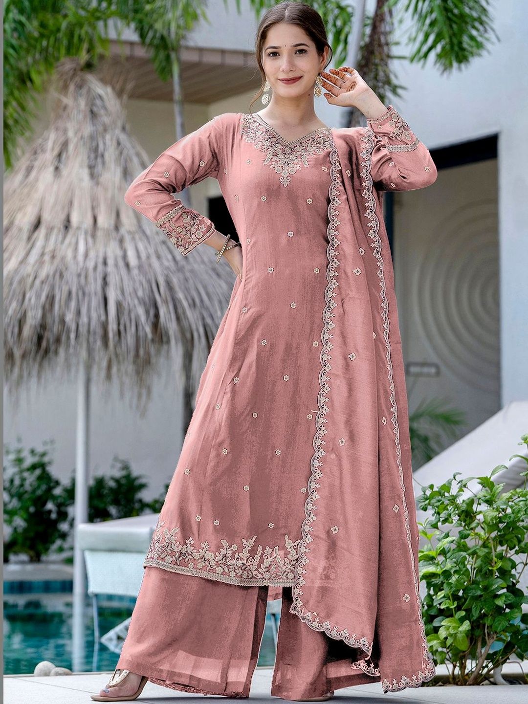 Dhiyona KL Women Ethnic Motifs Embroidered Regular Thread Work Kurta with Palazzos & With Dupatta
