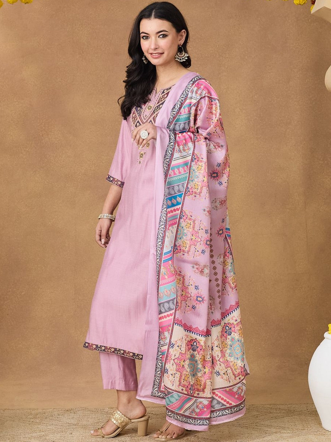 Embroidered Round Neck Kurta & Trousers With Dupatta