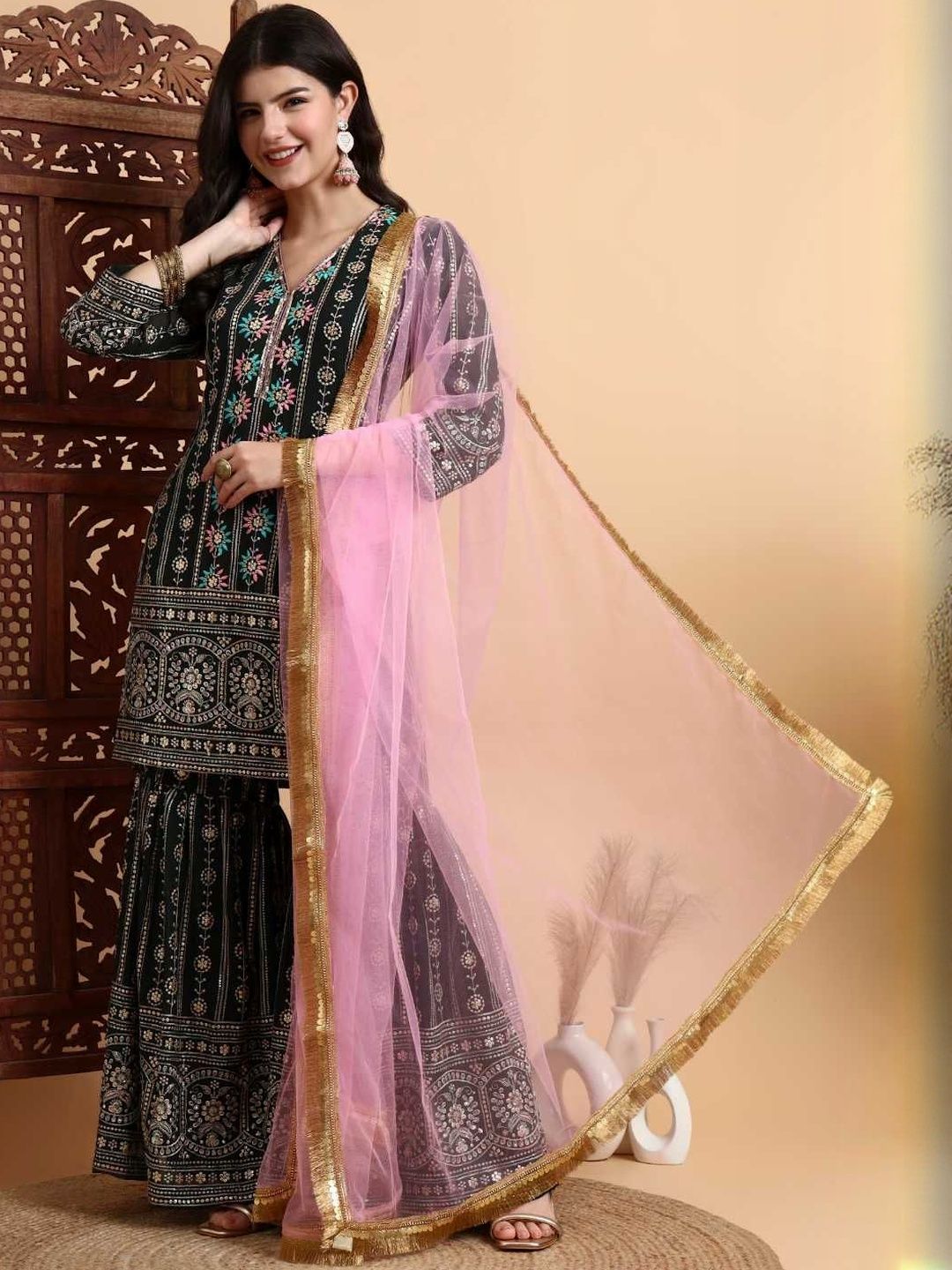 Dhiyona HOP Embroidered V Neck Kurta & Sharara With Dupatta
