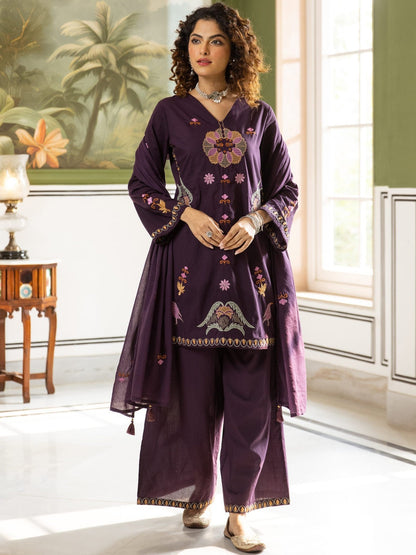 Embroidered Pure Cotton V-Neck Kurta & Palazzos With Dupatta