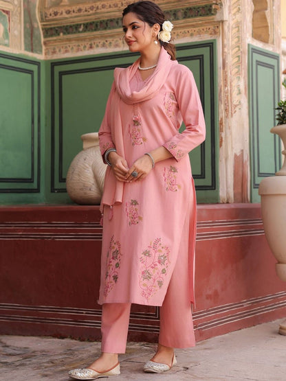 Dhiyona RR Women's Floral Embroidered Thread Work Pure Cotton Kurta With Trousers & Dupatta